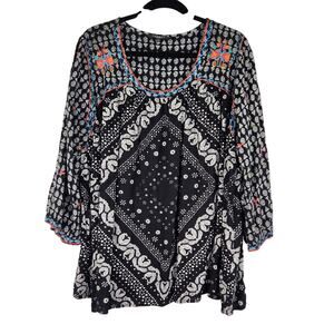 Hannah Black Boho Embroidered Paisley Blouse Women's Size 1X Western